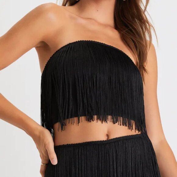 Lulus NWT Fringe Black Strapless Top and Skirt - Picture 2 of 5